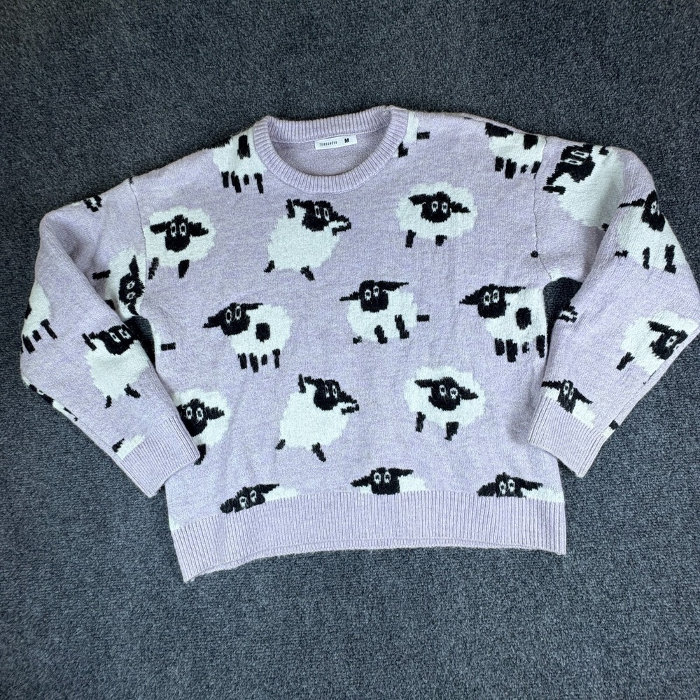 Terranova Sweater Womens Medium Light Lilac Sheep Print Knit Crew Neck Pullover